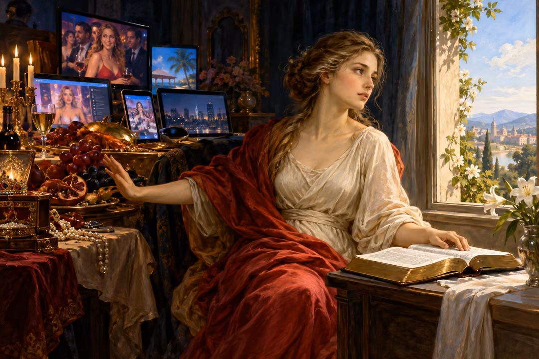 A woman turns from worldly comforts toward an open Bible and a shaft of light.