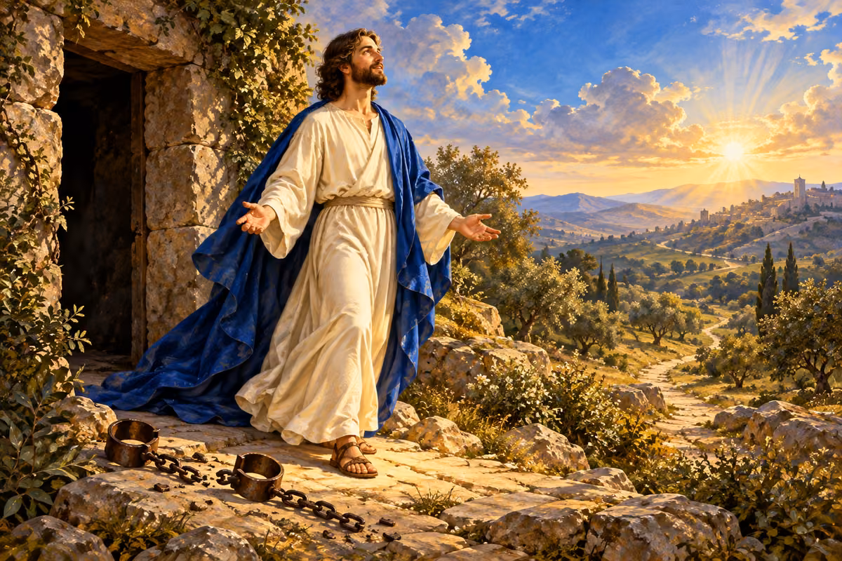 A believer steps into golden morning light with broken chains at his feet