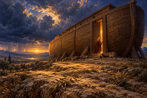 Noah stands at the narrowing doorway of the ark beneath gathering storm clouds