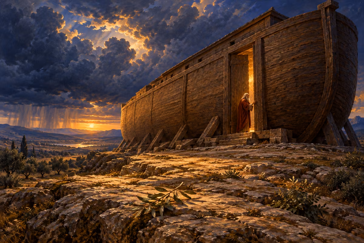 Noah stands at the narrowing doorway of the ark beneath gathering storm clouds