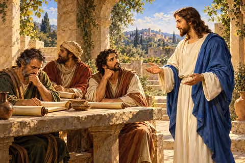 Jesus teaches beside a stone table as listeners consider their scrolls and his words