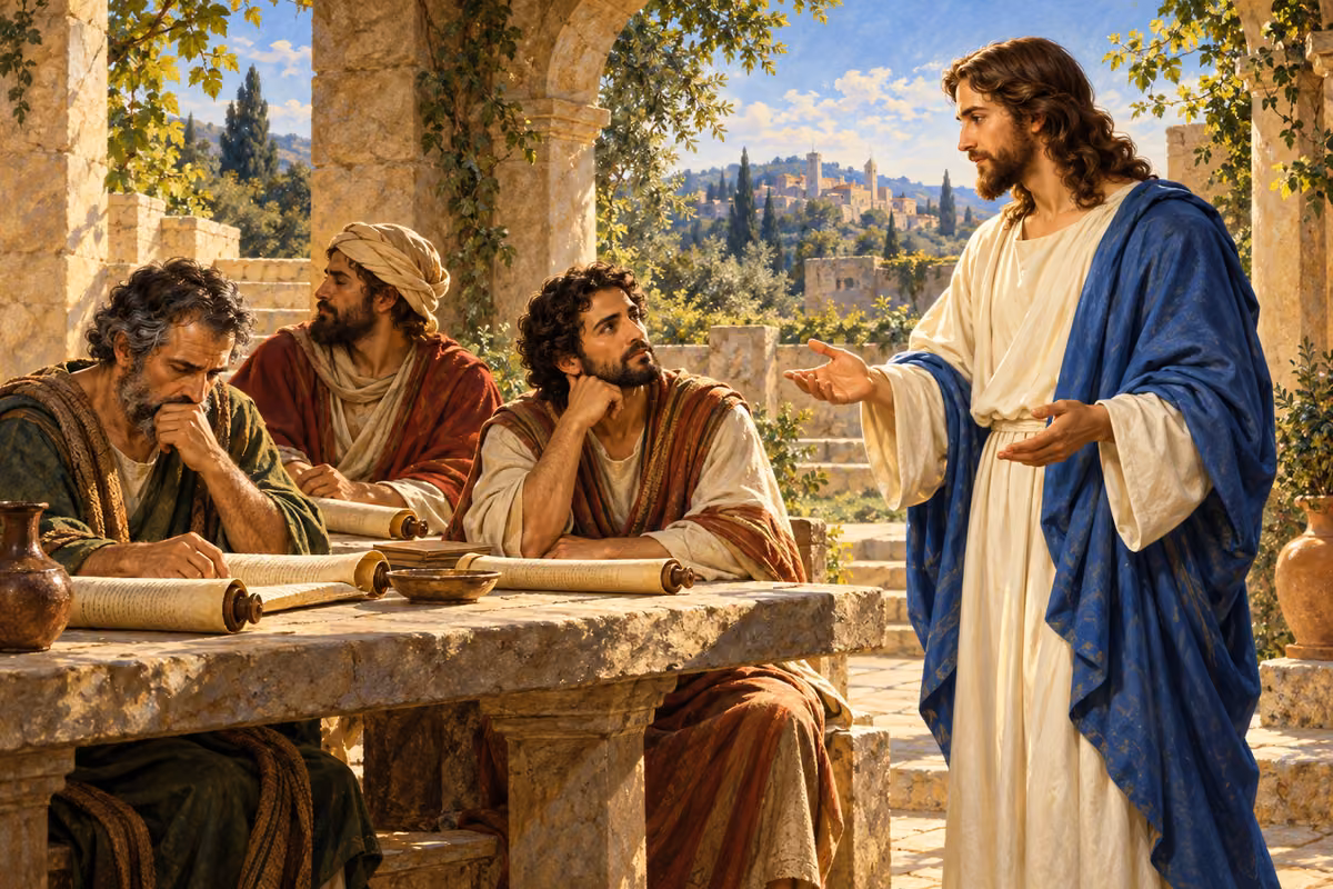Jesus teaches beside a stone table as listeners consider their scrolls and his words