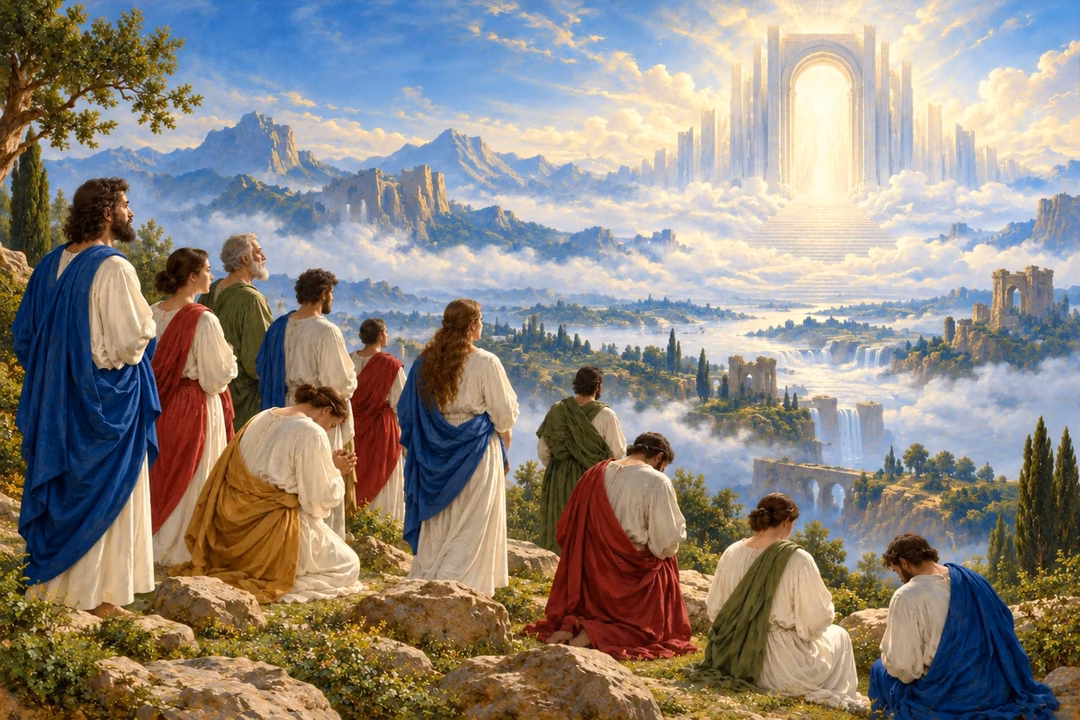 Raphael-inspired painting of solemn figures facing a distant luminous gateway across a blue misty landscape.