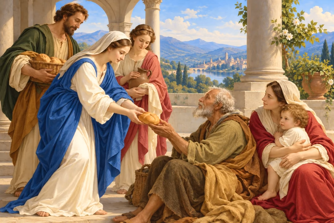 Raphael-inspired painting of helpers in richly colored robes offering bread and care to an elderly man beside a family.