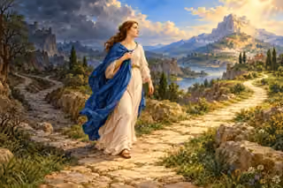 Raphael-inspired painting of a pilgrim choosing an illuminated stone path, leaving a shadowed branch behind.