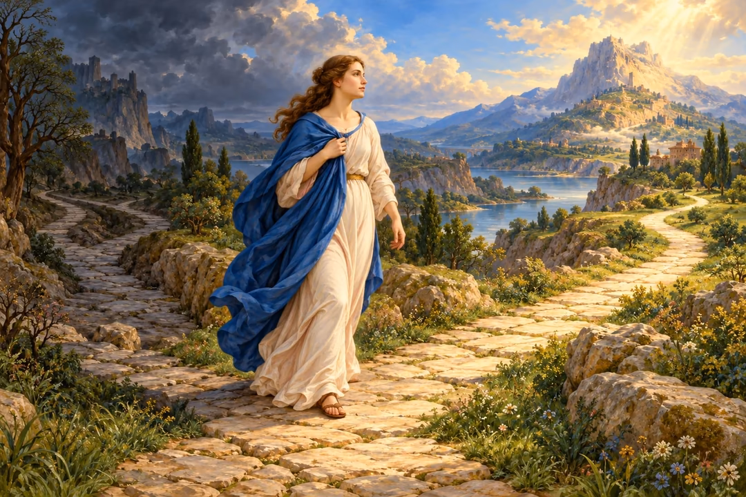 Raphael-inspired painting of a pilgrim choosing an illuminated stone path, leaving a shadowed branch behind.