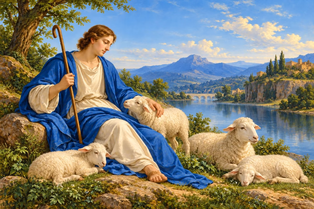 Raphael-inspired painting of a peaceful shepherd and resting sheep beside still blue water.