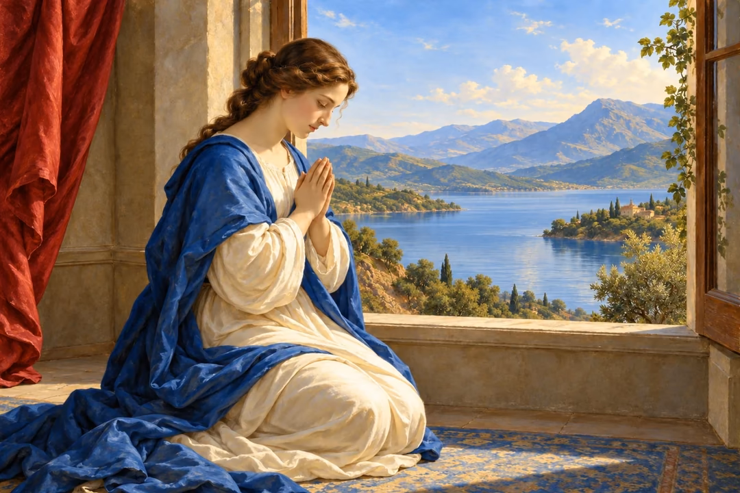Raphael-inspired painting of a person kneeling in prayer beside a window overlooking a tranquil blue lake.