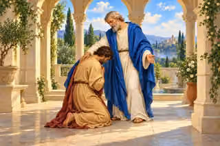 Raphael-inspired painting of a kneeling adult warmly welcomed by an elder in a serene courtyard.