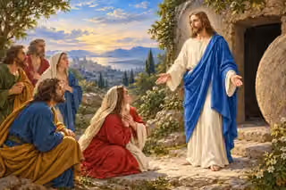 Raphael-inspired painting of the risen Christ in white and blue beside an empty stone tomb at dawn.
