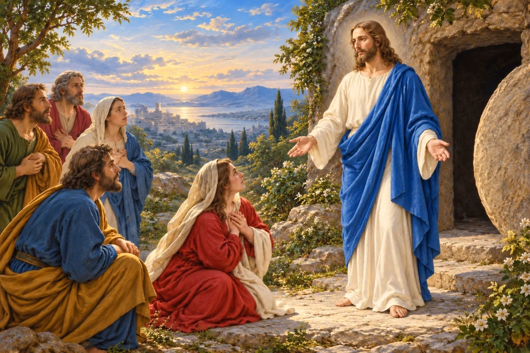 Raphael-inspired painting of the risen Christ in white and blue beside an empty stone tomb at dawn.