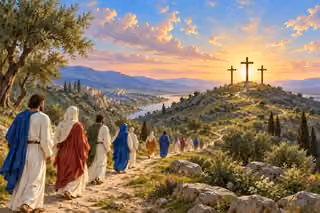 Raphael-inspired painting of reverent figures approaching three empty crosses on a gentle hill at dawn.
