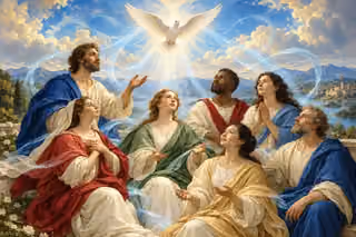 Raphael-inspired painting of a white dove above a peaceful assembly in flowing luminous light.