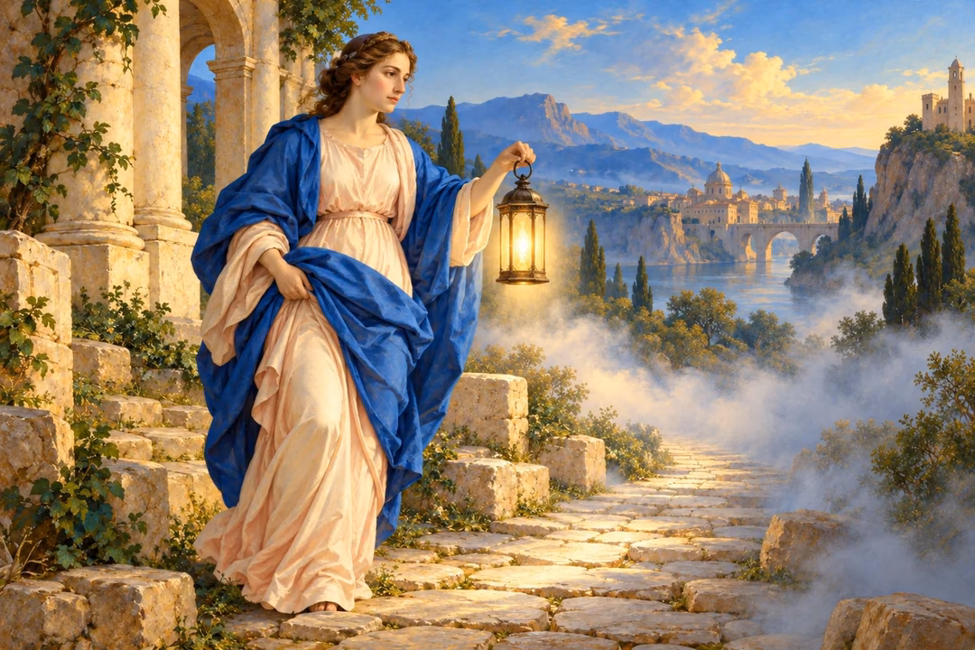 Raphael-inspired painting of a woman carrying a luminous lantern along a stone path through clearing mist.